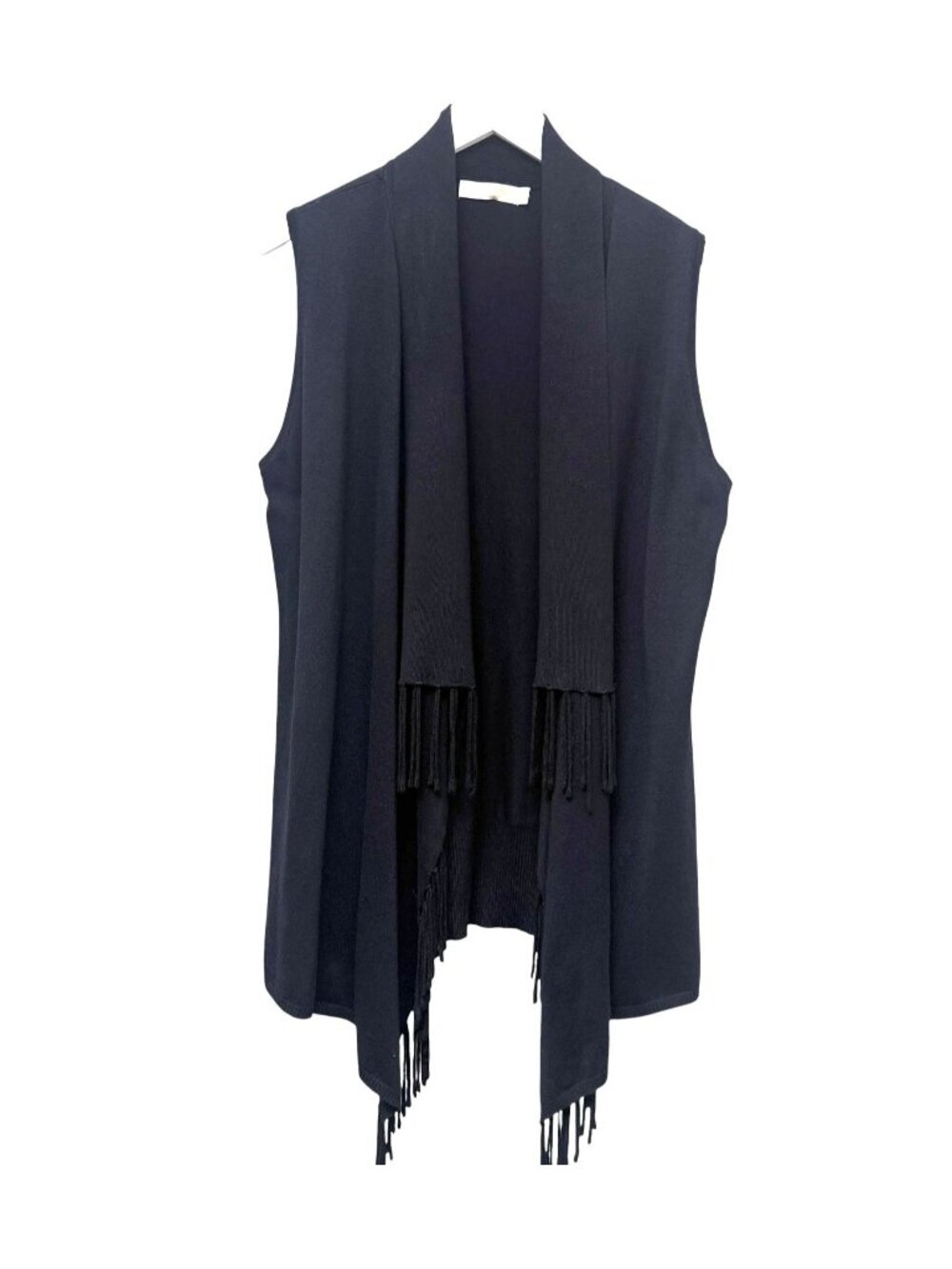 Christina Fringe Sweater Vest Size Large Black Waterfall Open Front Womens